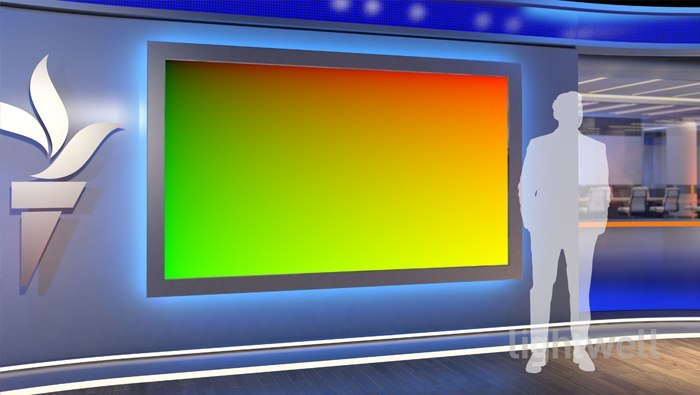The Tricaster can also be used for standing presentations, as shown in the scene where a presenter stands at a large floor to ceiling virtual screen.