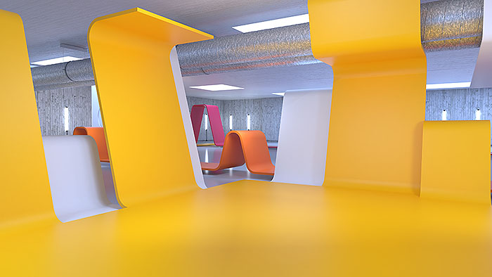 a wide view of floor to ceiling, lfolded yellow panels within a basement-like space.