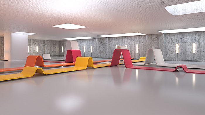 Extreme wide shot of folded panels in a range of colours - yellow, orange rose. They run across the floor like lage ribbons and are designed to look like peaks in a graph, suggesting financial data or a pulse