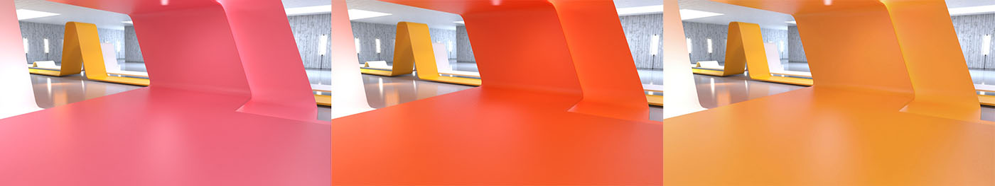 Three consecutive versions of the same wide shot, showing the virtual set scenery with different colour treatments, for comparison.