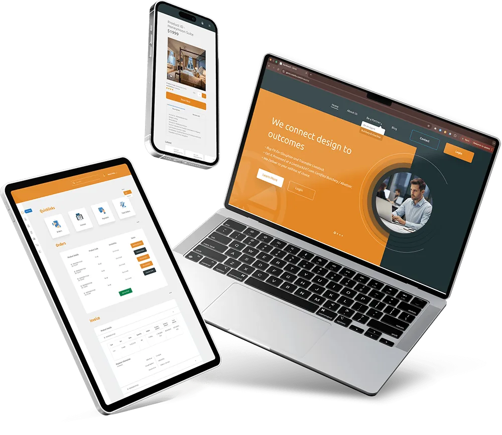 SaaS product UI design displayed on laptop, tablet, and mobile devices