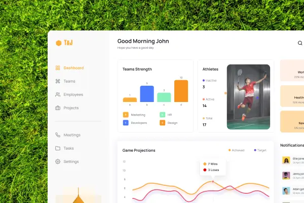 Dashboard interface for a sports team management platform improving team operations and coordination