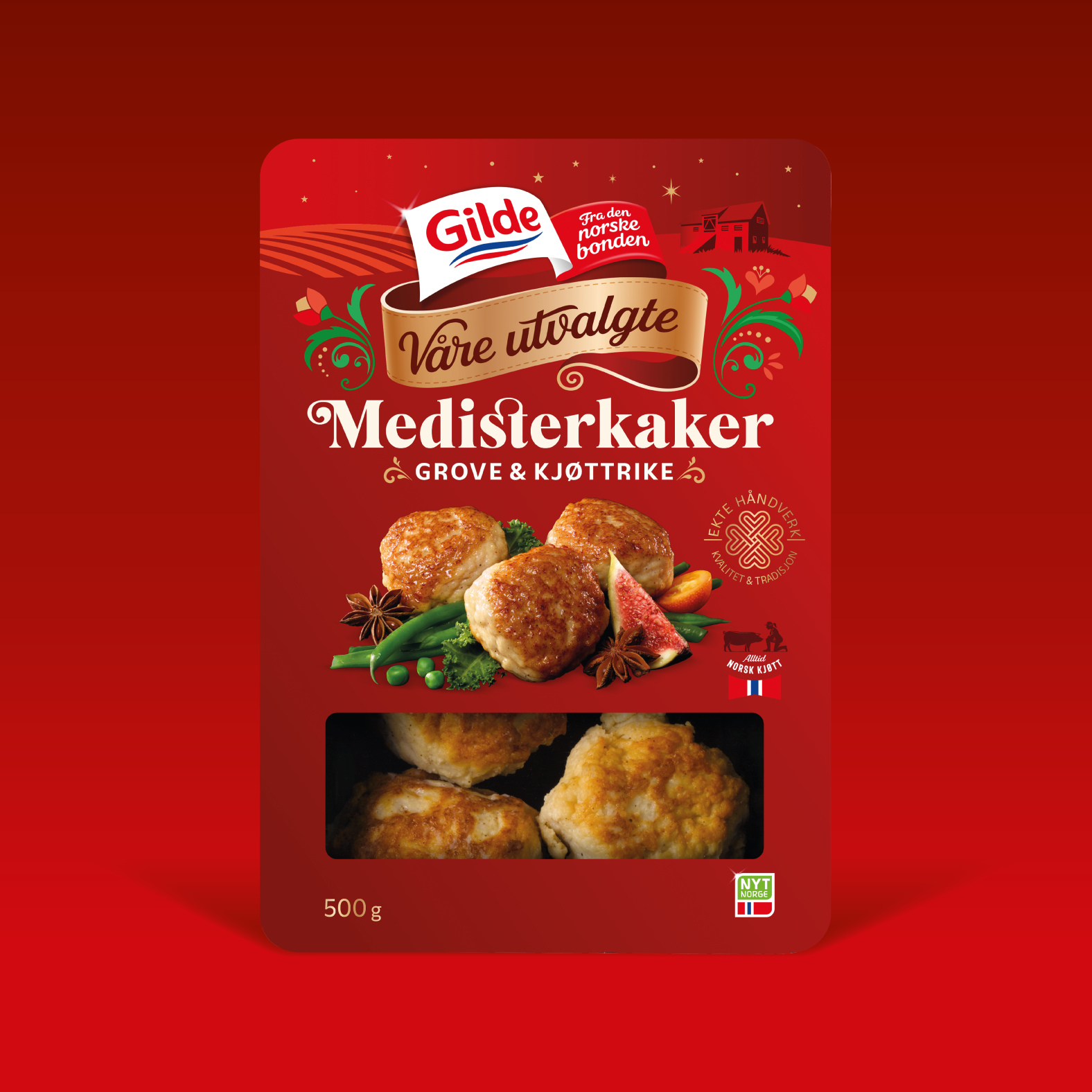 Gilde Vår Utvalgte medisterkaker. Pakningsdesignet er stilt ut fra front.