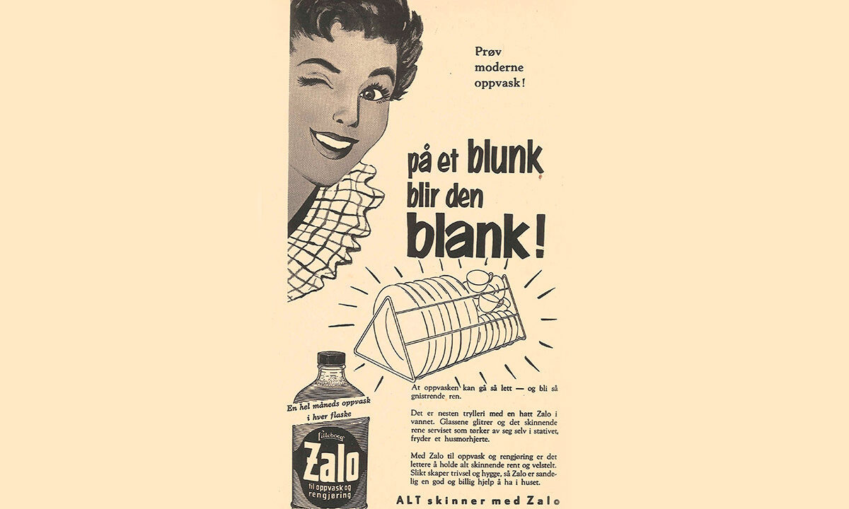 En raklameplakat for Zalo fra 1960-tallet med payoff "på et blunk blir den blank!". Illustrasjoner av en kvinne som blunker, rene asjetter og emballasjedesignet til daværende Zalo-flaske.