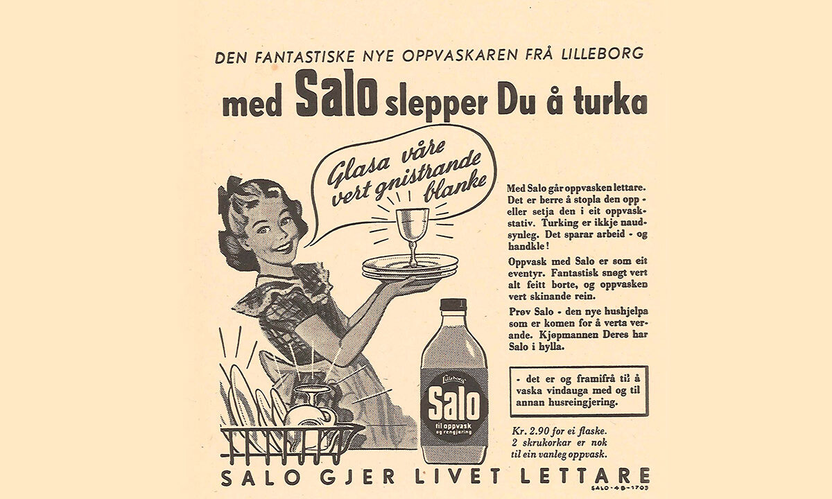 Salo reklame fra 1951 med payoff "med Salo slepper Du å tørke" og "Salo gjer livet lettare". Sidestilt med teksten står designet på daværende flaske og en jente som holder rene asjetter.