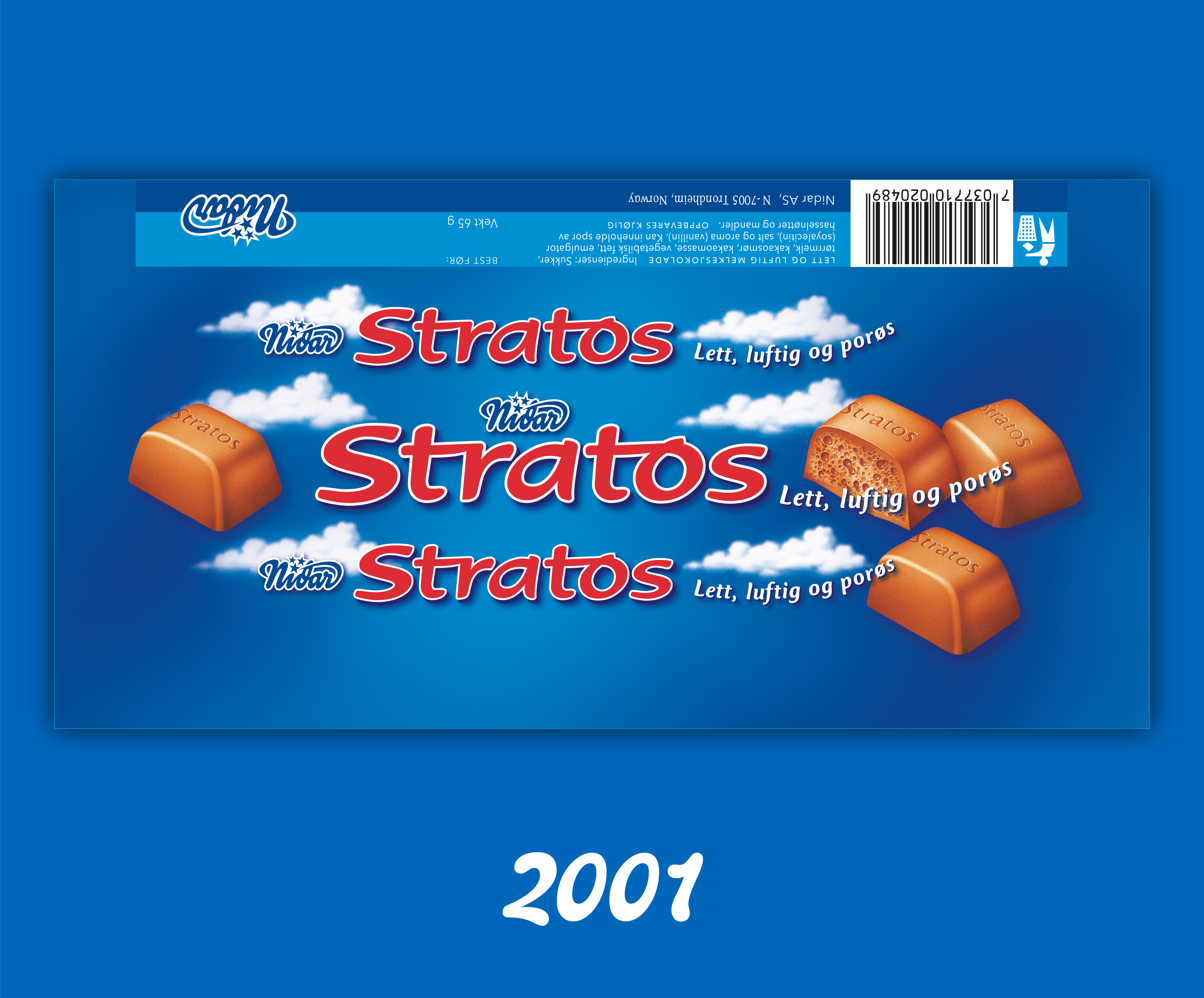Nidar Stratos pakningsdesign fra 2001. Designet er utformet hos Design House Oslo, daværende Design House Lund og Partnere. Hovedfargen er blå, inspirert av stratosfæren og komplimenteres av grafiske elementer, deriblant skyer og illustrasjoner av luftig sjokolade.
