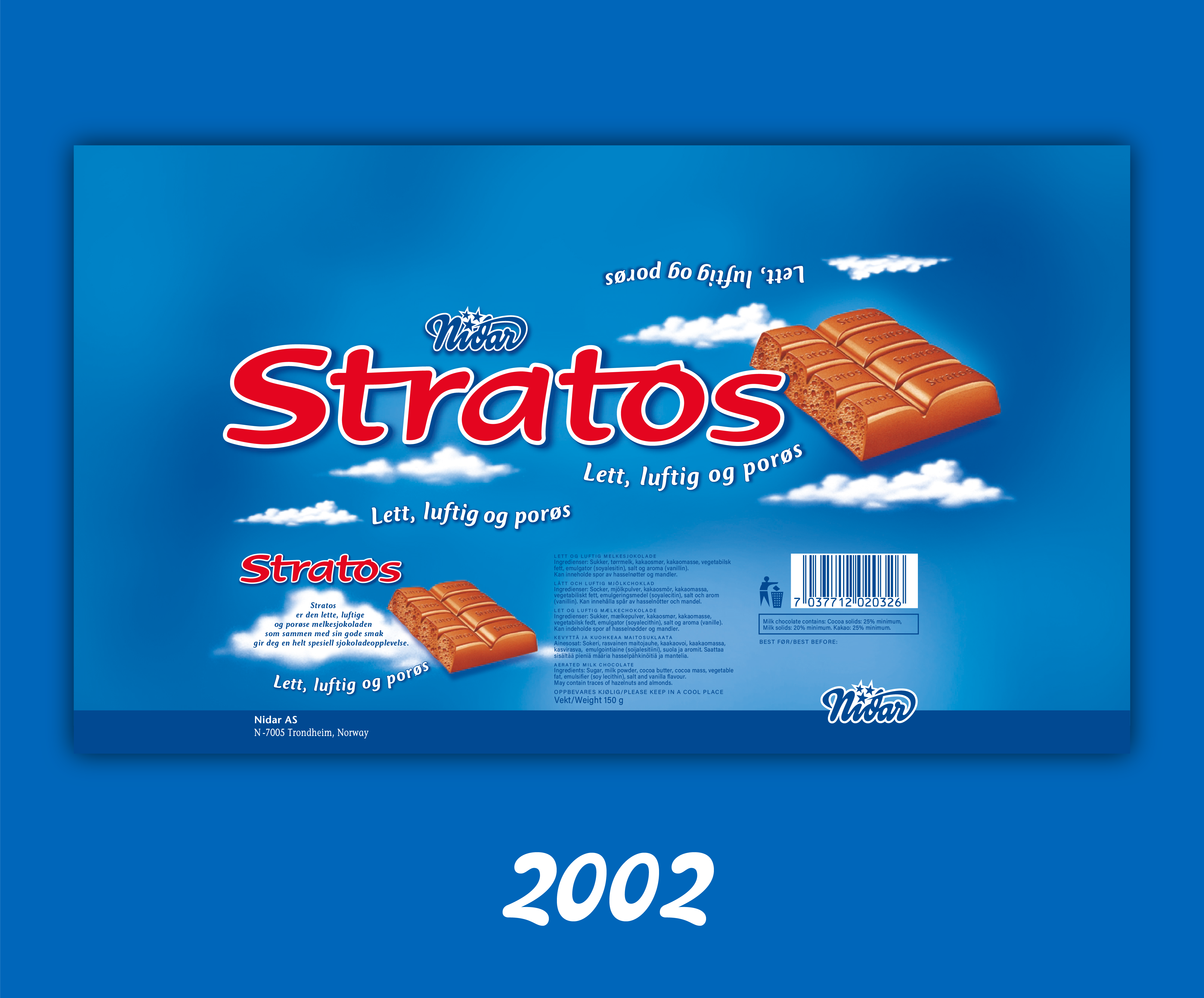 Pakningsdesign på Nidar Stratos fra 2002. Designet er utformet hos Design House Oslo, med grafiske skyer og sjokoladeillustrasjoner på et blått design inspirert av stratosfæren. 