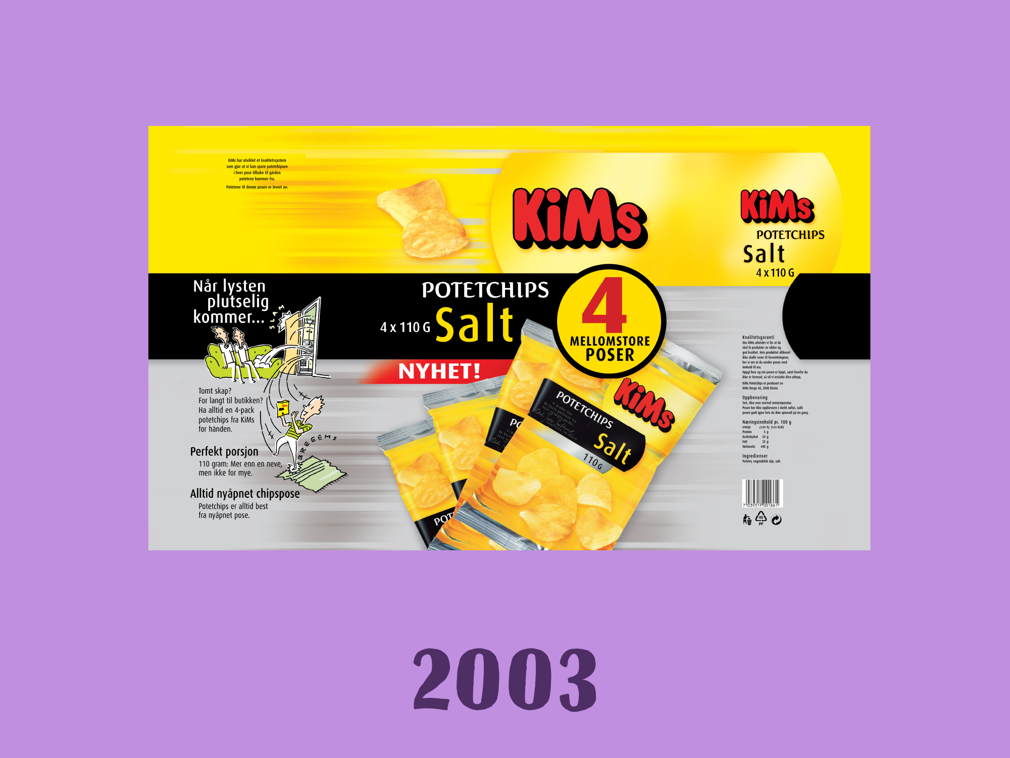 Kims pakningsdesign fra 2003 på lilla bakgrunn