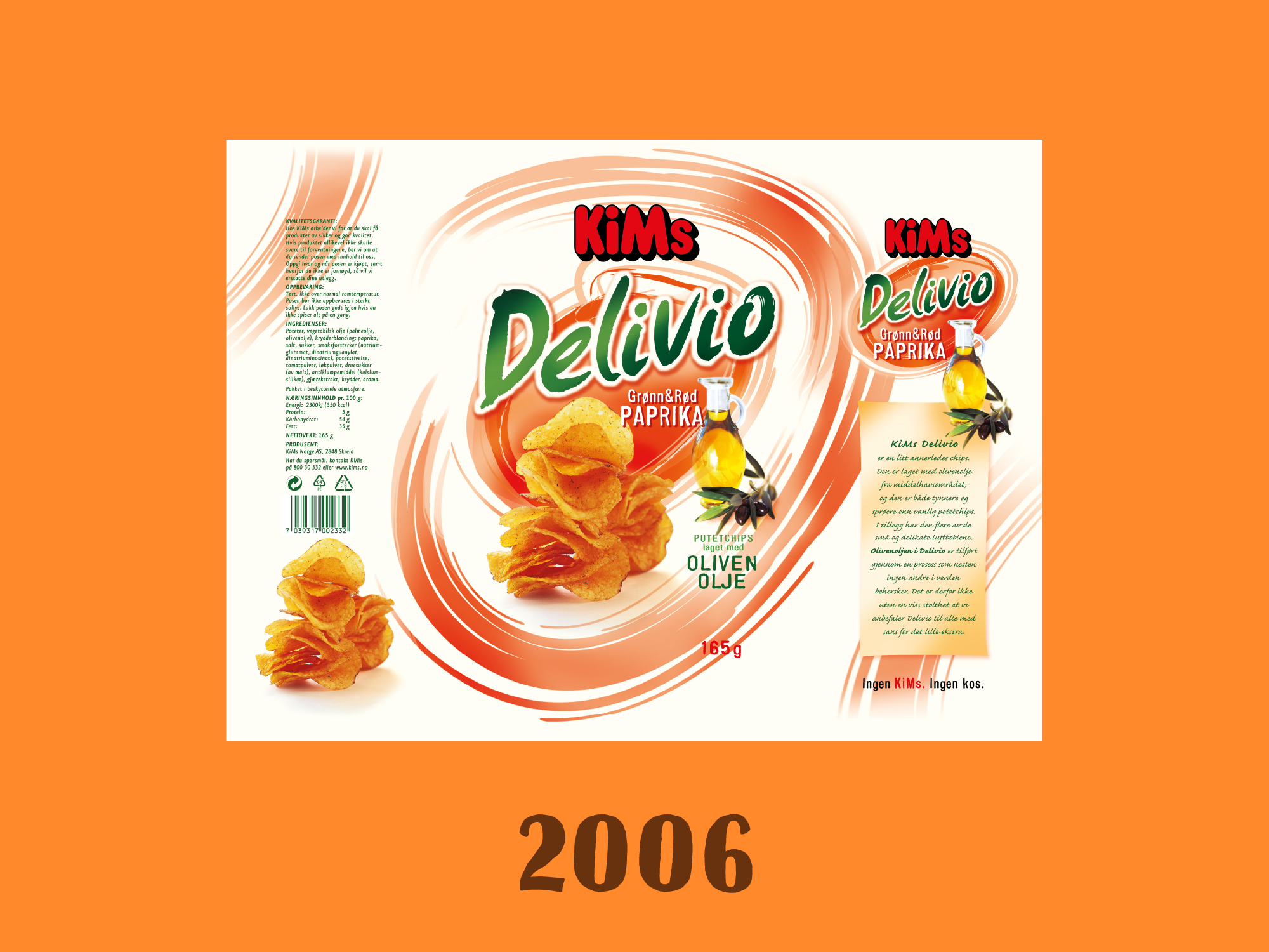 Kims Delivio emballasjedesign fra 2006 på oransje bakgrunn