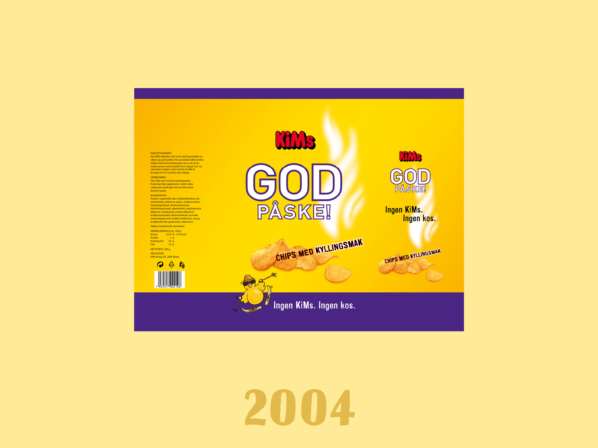 Kims pakningsdesign fra design house på gul bakgrunn fra 2004. Påskedesign