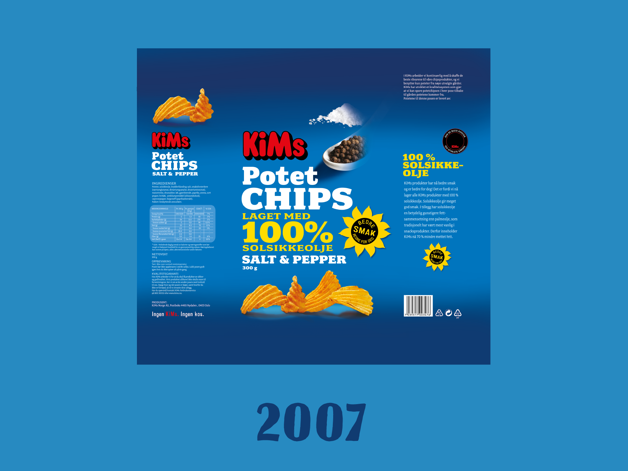 Kims potetgull grafisk design fra 2007 på blå bakgrunn.