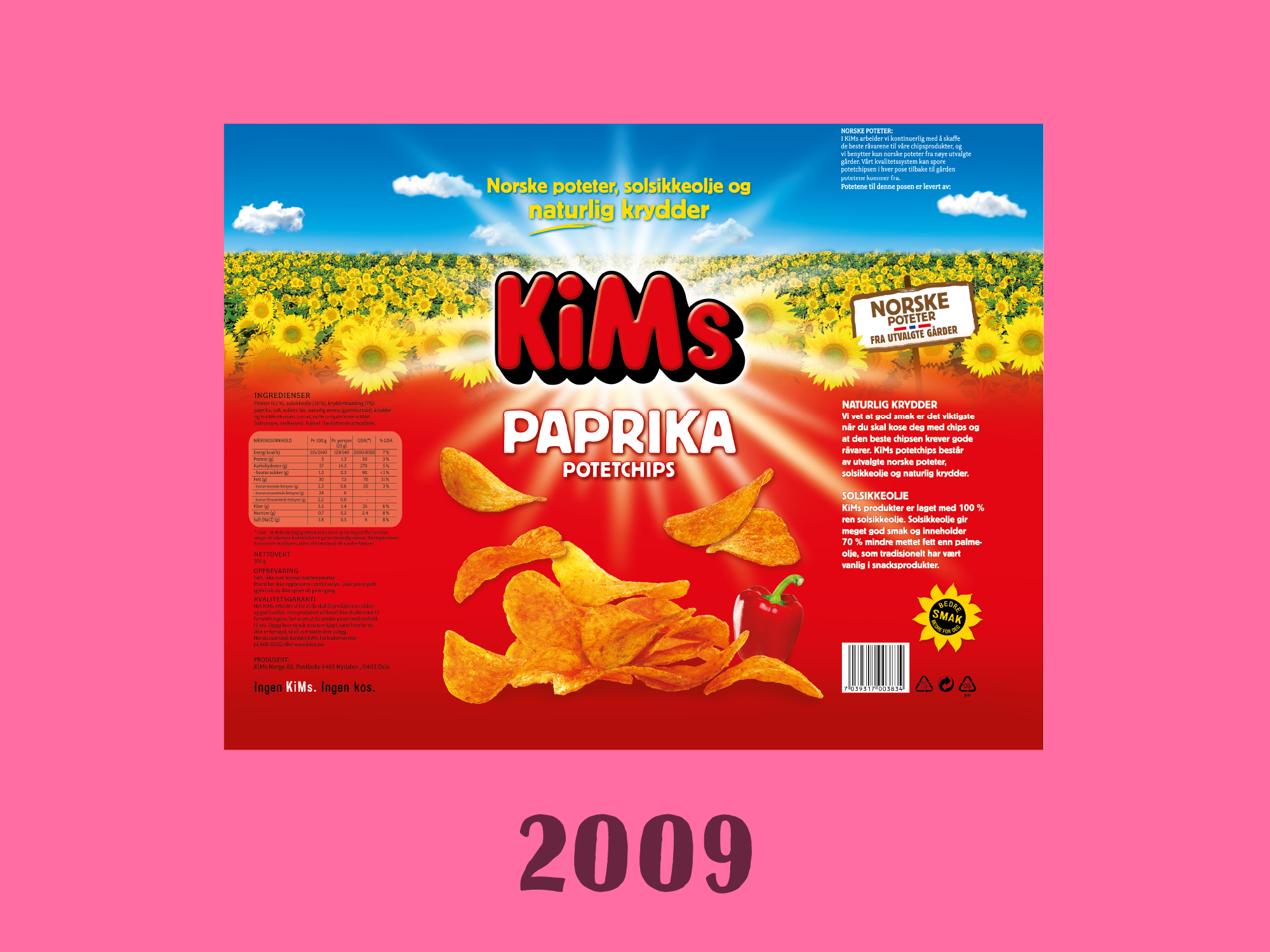 Kims pakningsdesign fra 2009. Rødt design på rosa bakgrunn