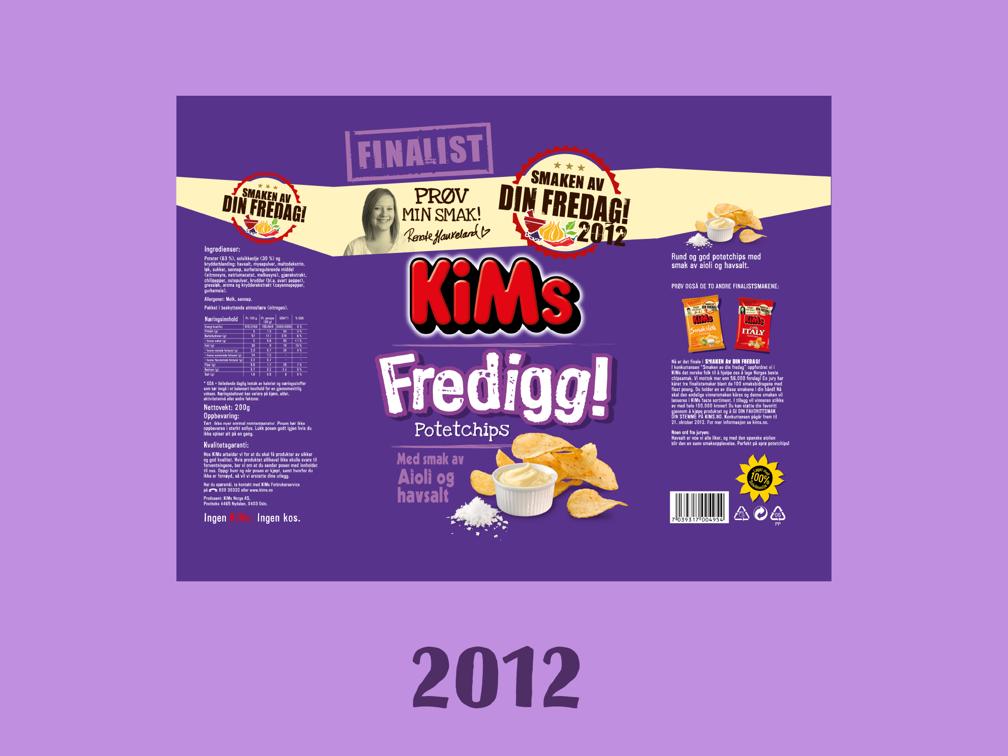 Kims fredigg pakningsdesign. Lilla design på lilla bakgrunn