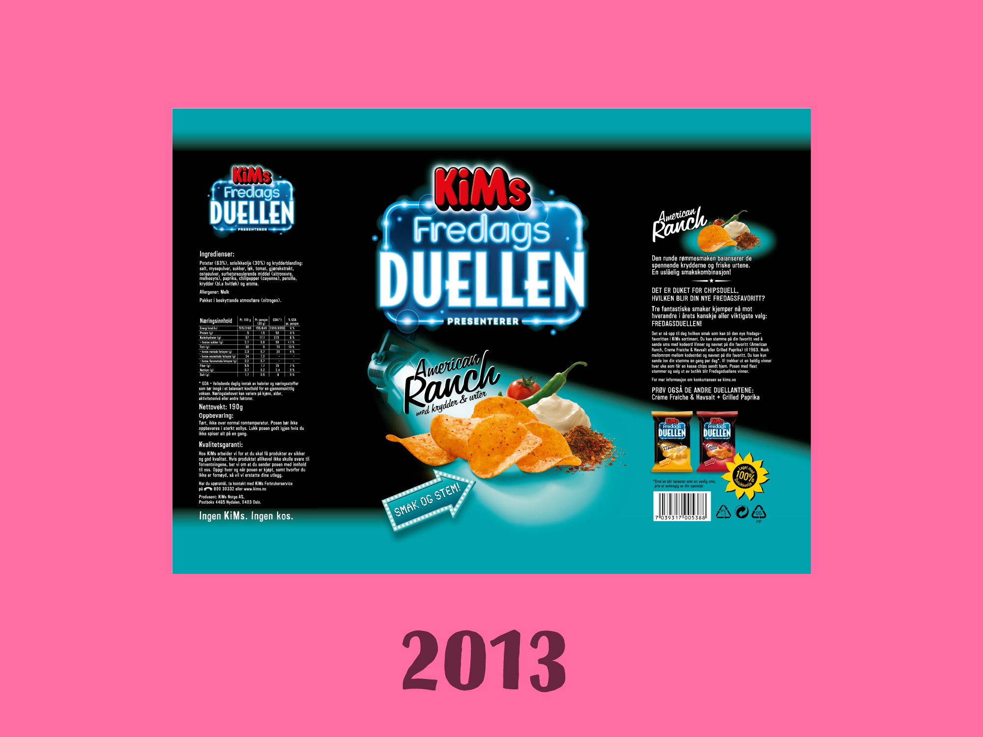 Kims fredagsduellen pakningsdesign fra 2013 på rosa bakgrunn