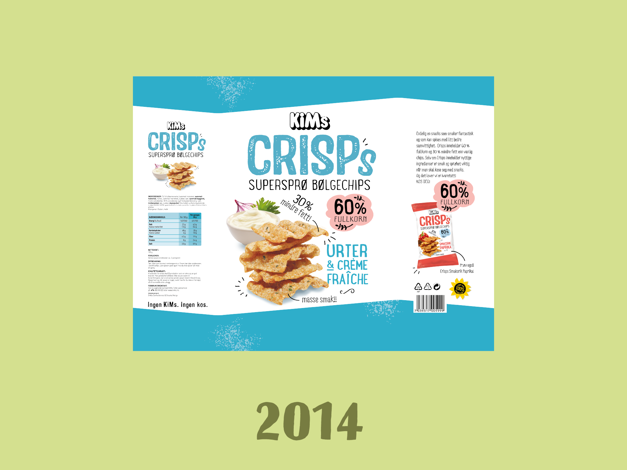 Kims crips pakningsdesign fra 2014. Hvitt og blått design på grønn bakgrunn.