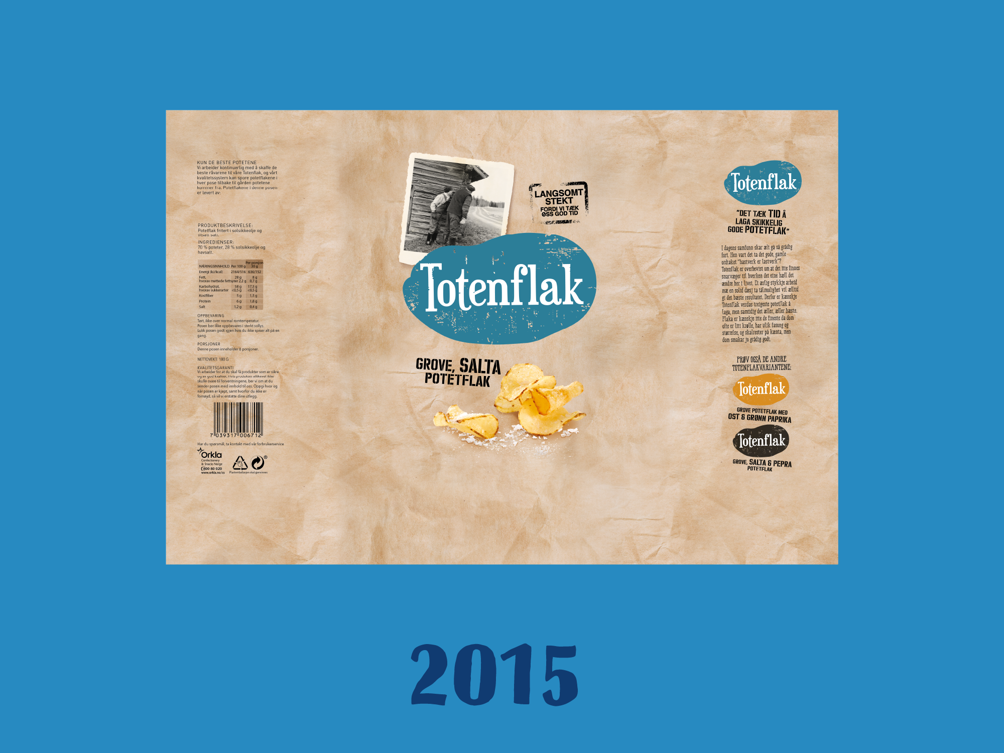 Kims totenflak pakningsdesign fra 2015. Papirfarget design på blå bakgrunn.