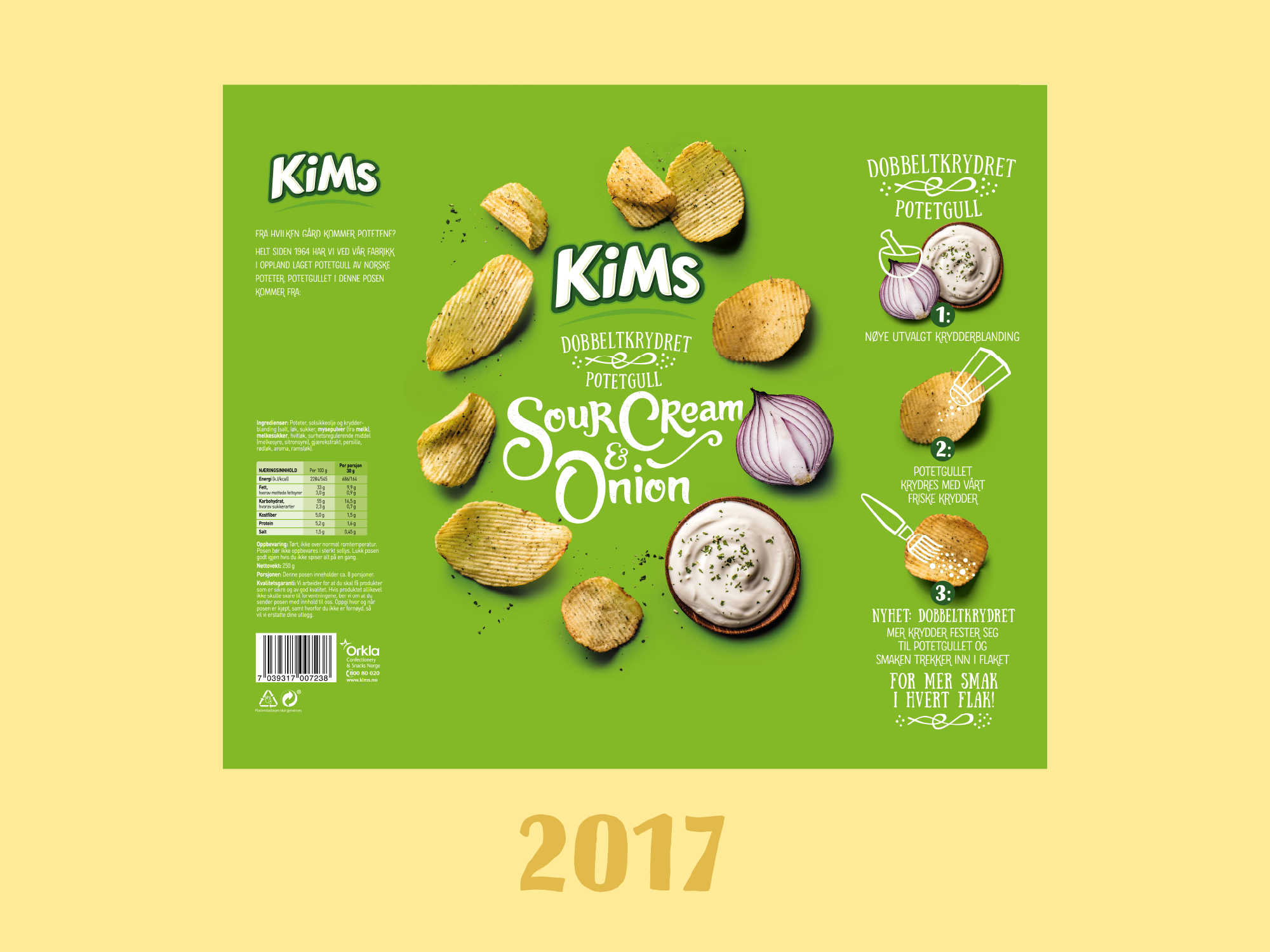 Kims sour cream and onion pakningsdesign fra 2017. Grønt design på gul bakgrunn.