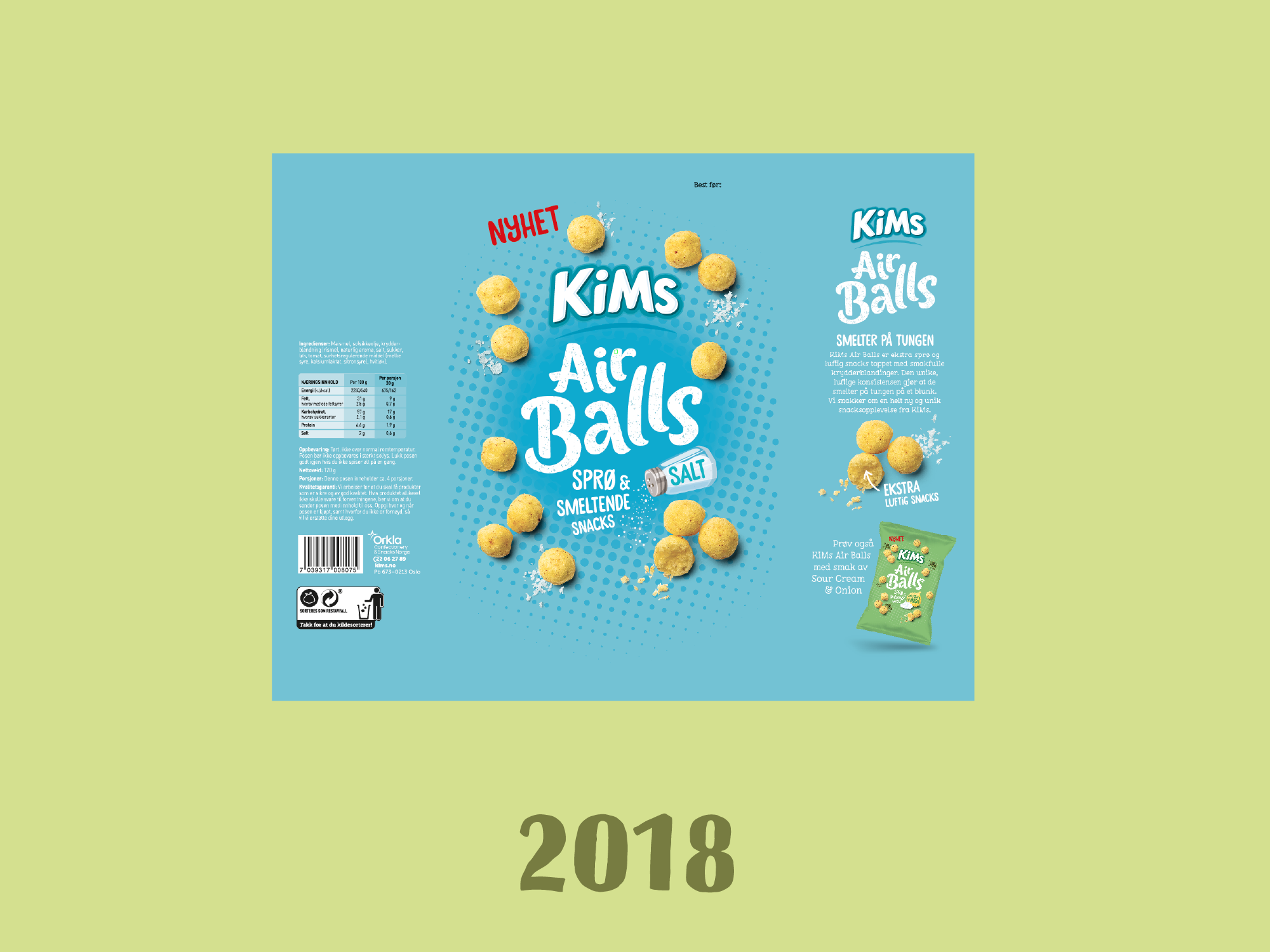 Kims air balls emballasjedesign fra 2018. Blått design på grønn bakgrunn.