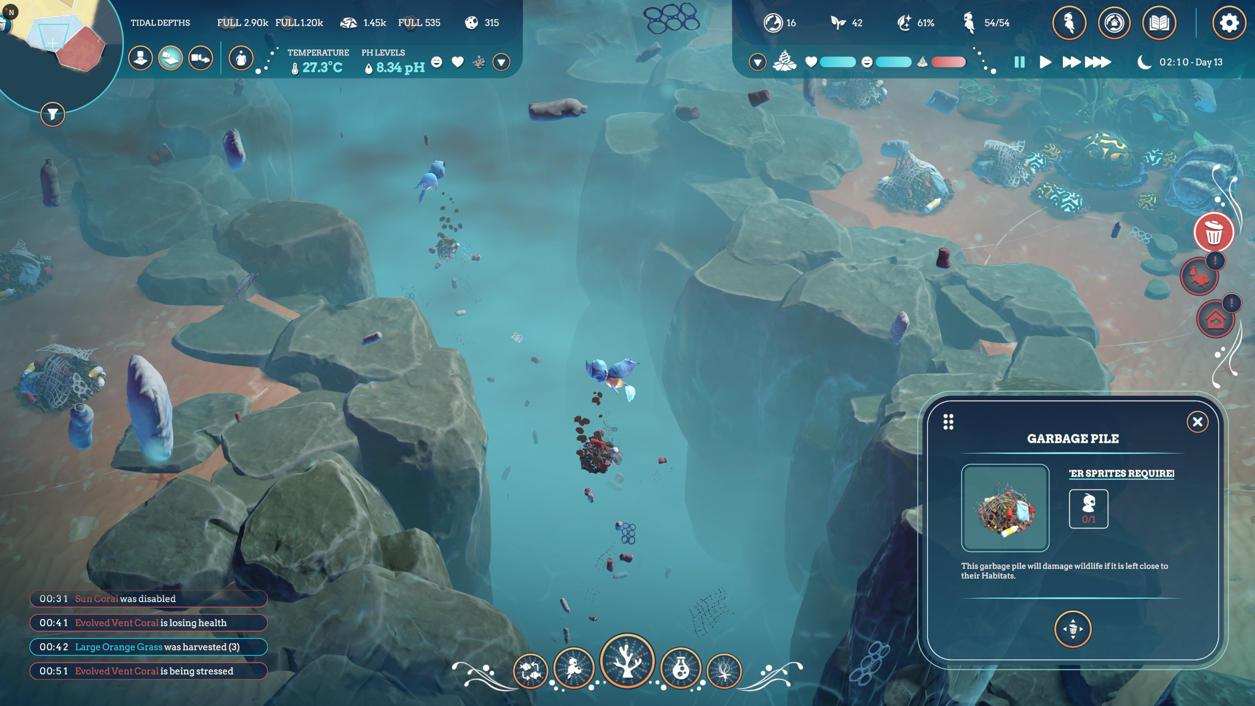 Gameplay screenshot: Water sprites throwing garbage tiles into a chasm.