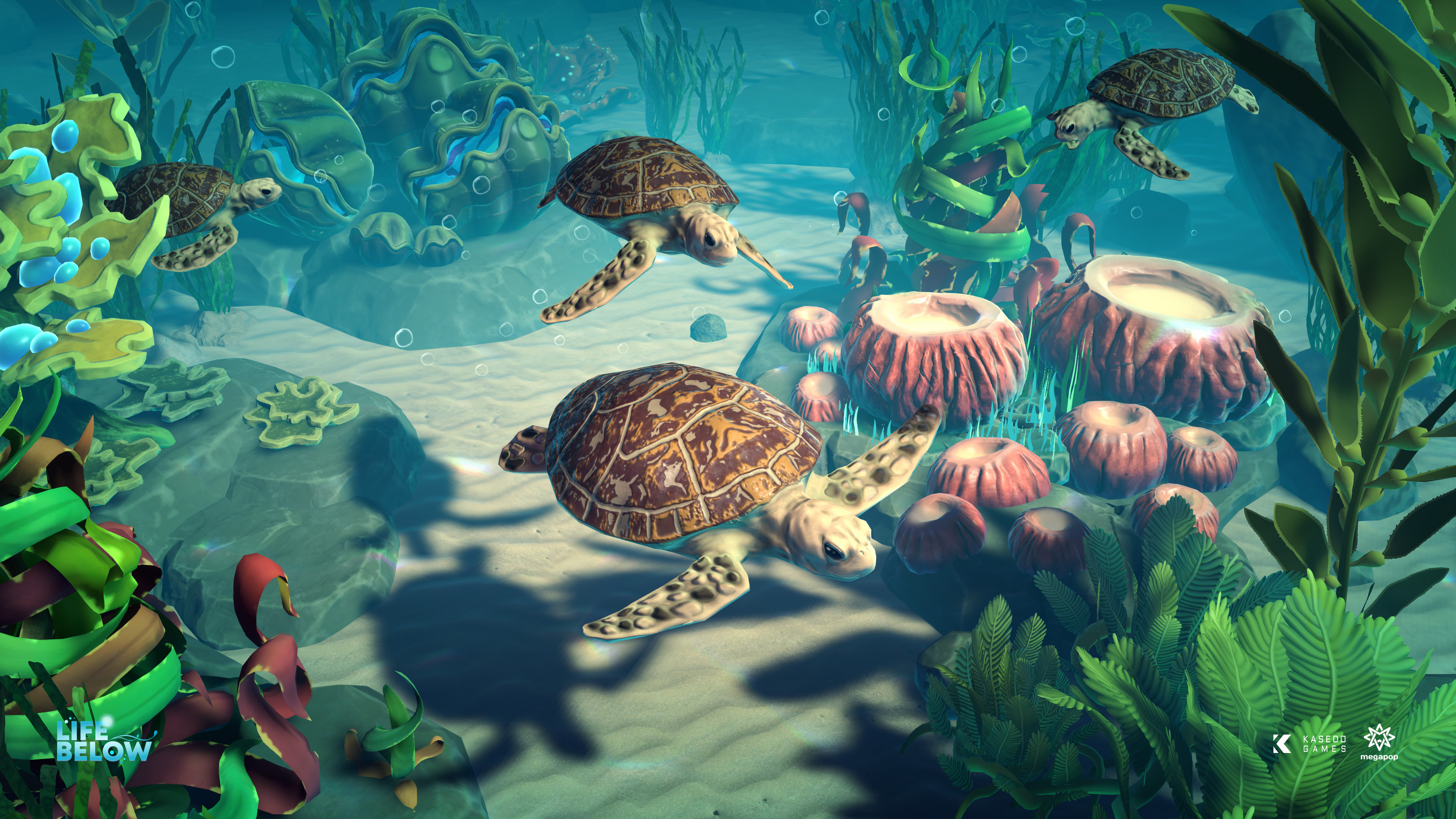 Gameplay screenshot: Turtles swimming over their habitats.
