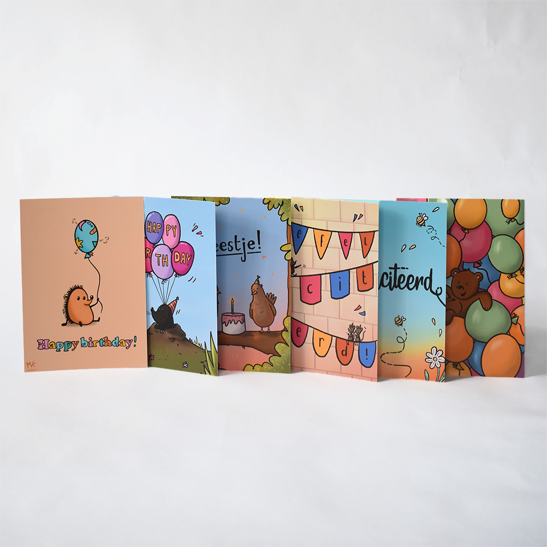 Set of 6 Colourful Birthday Postcards. A cheerful set of six colourful birthday-themed postcards, perfect for sending to someone celebrating their special day.
The designs feature adorable little animals, including a bear, bees/butterflies, mice, a mole, doves, and a hedgehog.