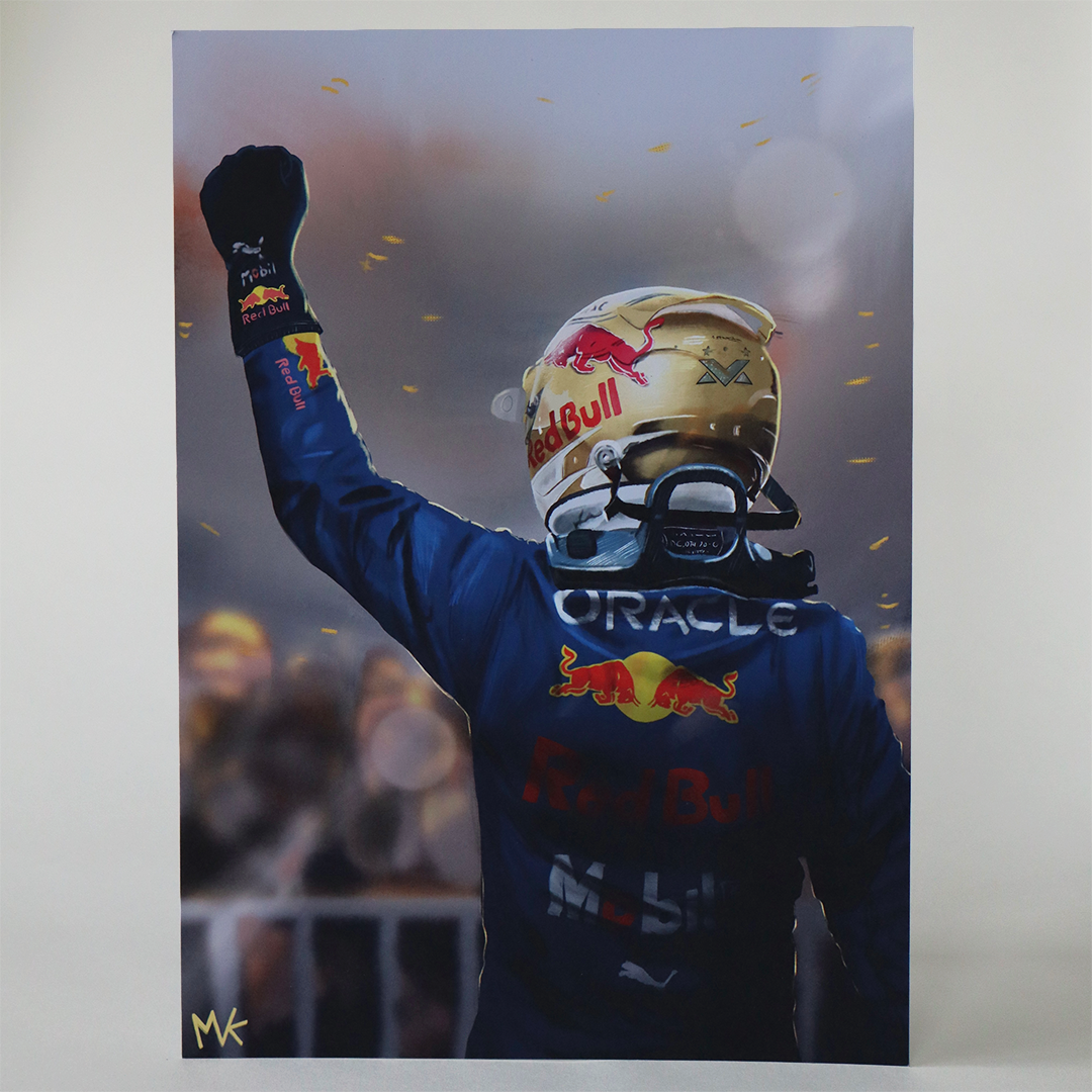 A print of a digital illustration of Max Verstappen celebrating his victory at the 2022 Mexican Grand Prix.