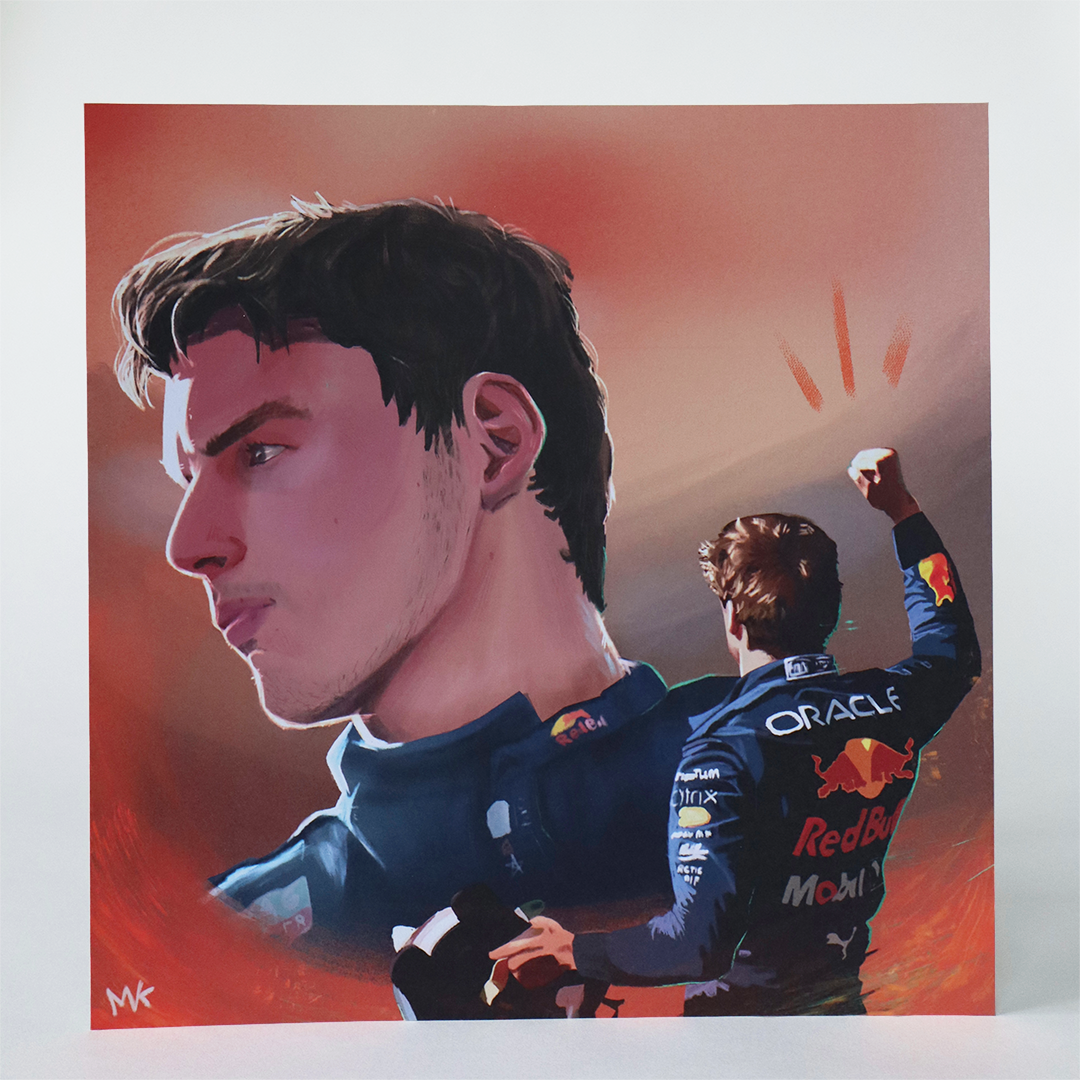 An art print of a digital illustration of Max Verstappen celebrating his 2023 third championship, surrounded by the vibrant orange colours of his home country, the Netherlands.