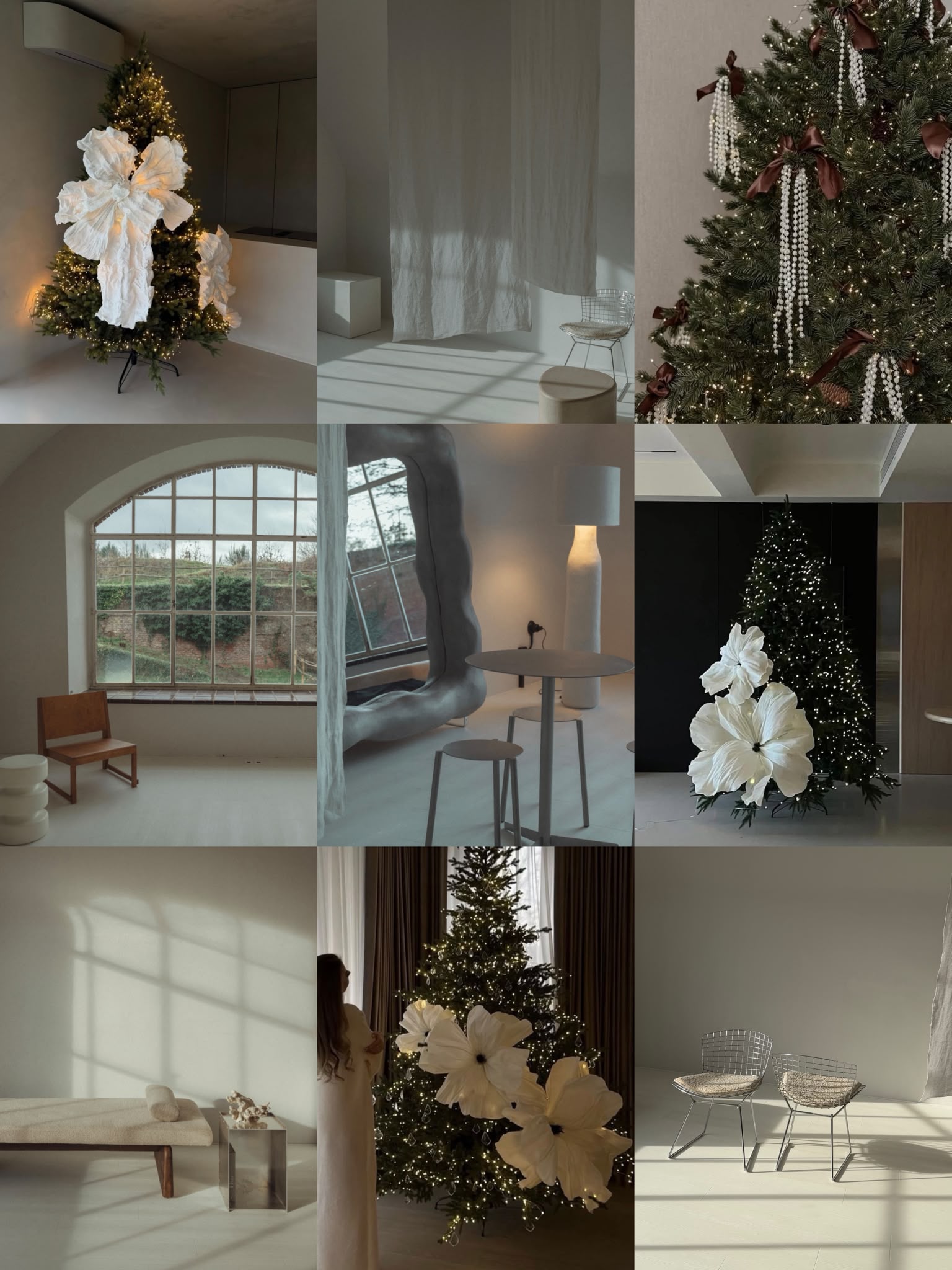 Moodboard of white Christmas styling with sculptural paper flowers and daylight interiors