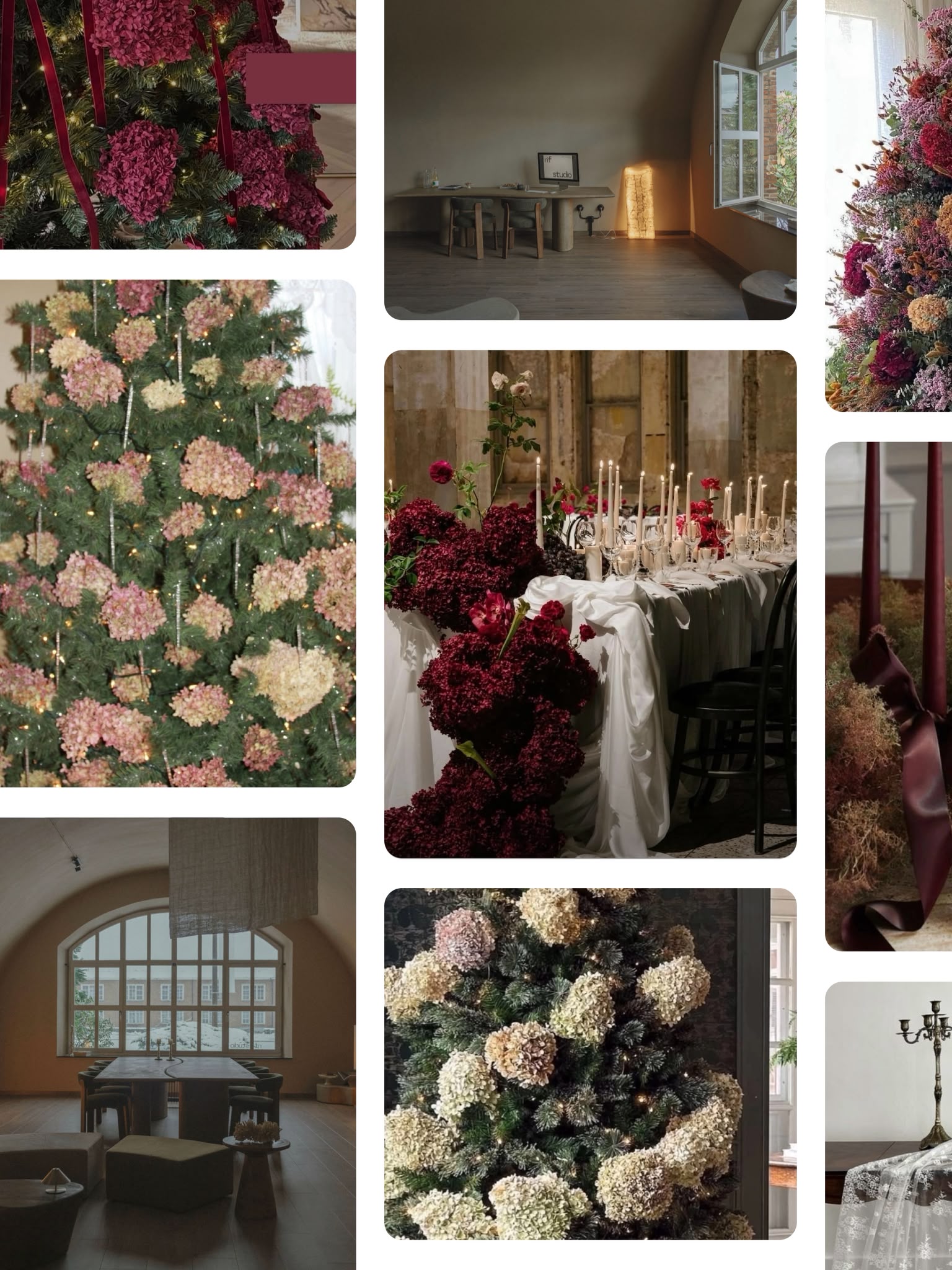 Moodboard of Christmas styling with burgundy hydrangeas, velvet ribbon and candlelit tables