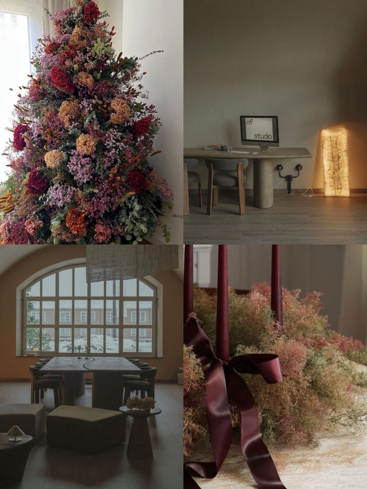 Moodboard of Christmas styling with dried flowers, burgundy ribbon and candles