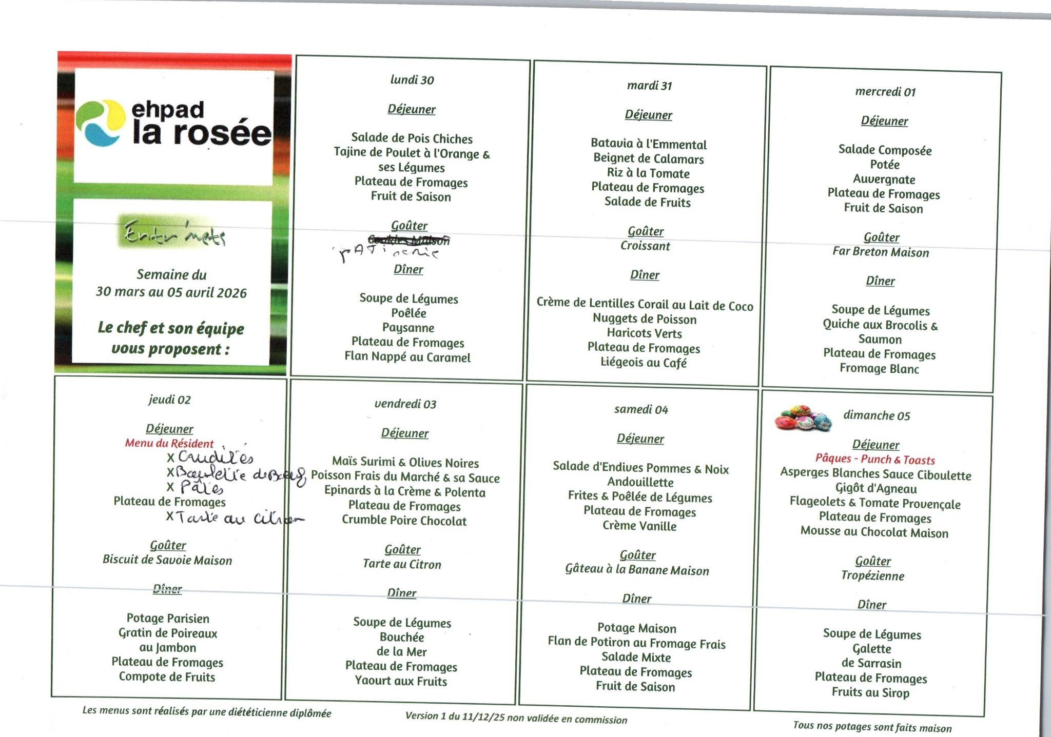 Menus de la semaine du 30 mars