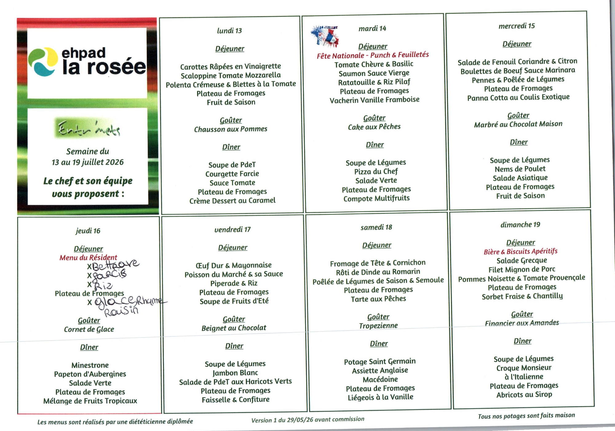 Menus semaine du 13 juillet
