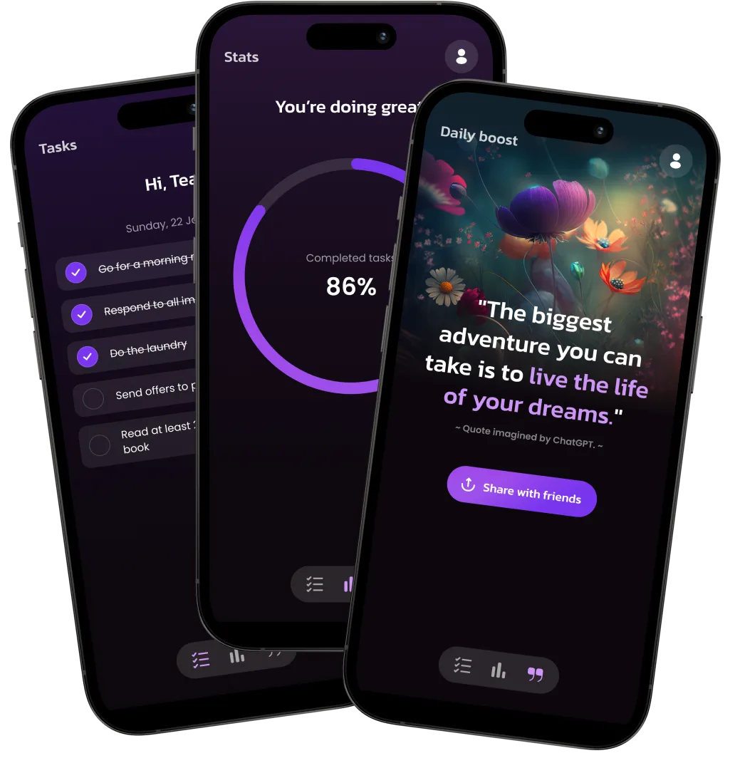 Three iPhone mockups displaying distinct features of the app.