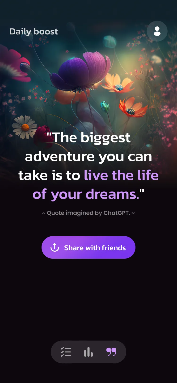 An iPhone mockup showcasing an app screen featuring a motivating quote as part of the "daily boost" feature.
