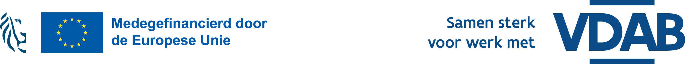 Logos of the European Union with text 'Co-financed by the European Union' and VDAB with text 'Together strong for work with VDAB'.