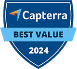 Capterra Best Value 2024 blue shield badge with orange and white paper plane icon.