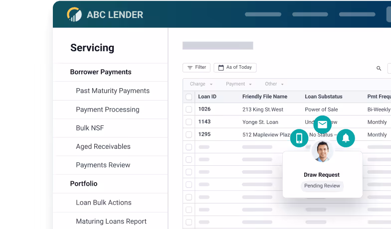 User interface of ABC Lender servicing dashboard showing loan payment management options, loan list with loan ID, file name, substatus, and payment frequency columns, with icons representing notifications and draw requests.