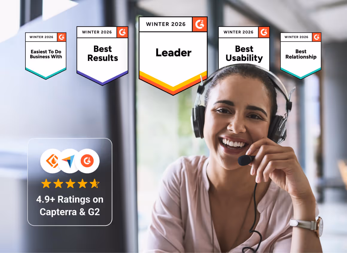 Smiling woman wearing headset with winter 2026 G2 badges for Leader, Best Results, Best Usability, Best Relationship, and Easiest To Do Business With, plus 4.9+ ratings on Capterra and G2.