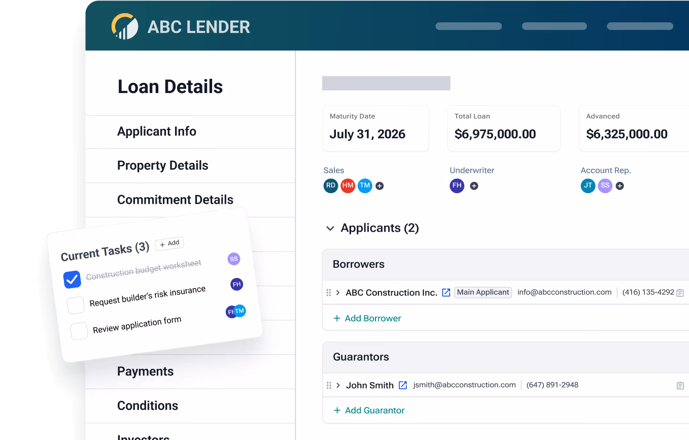 Loan details screen from ABC Lender showing maturity date, loan amounts, tasks, applicants, borrowers, and guarantors.