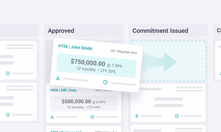 Kanban board with approved loan cards showing amounts, interest rates, and client names.
