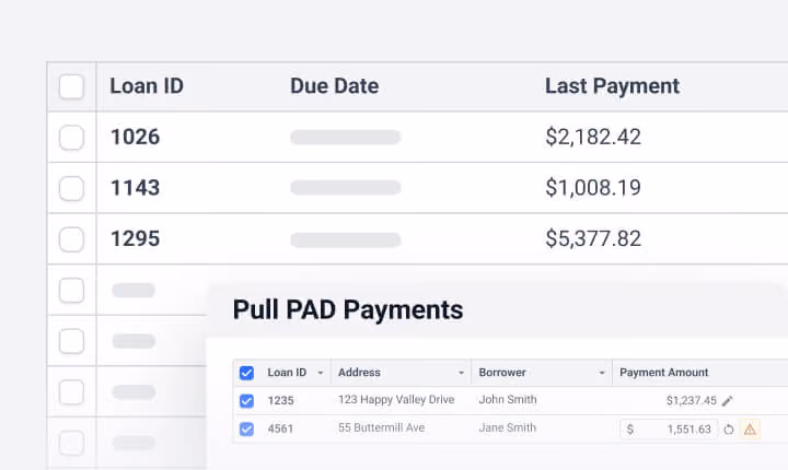 A dashboard view of loan payment records overlaid with a 'Pull PAD Payments' modal window, showing a checklist of borrowers selected for pre-authorized debit processing.