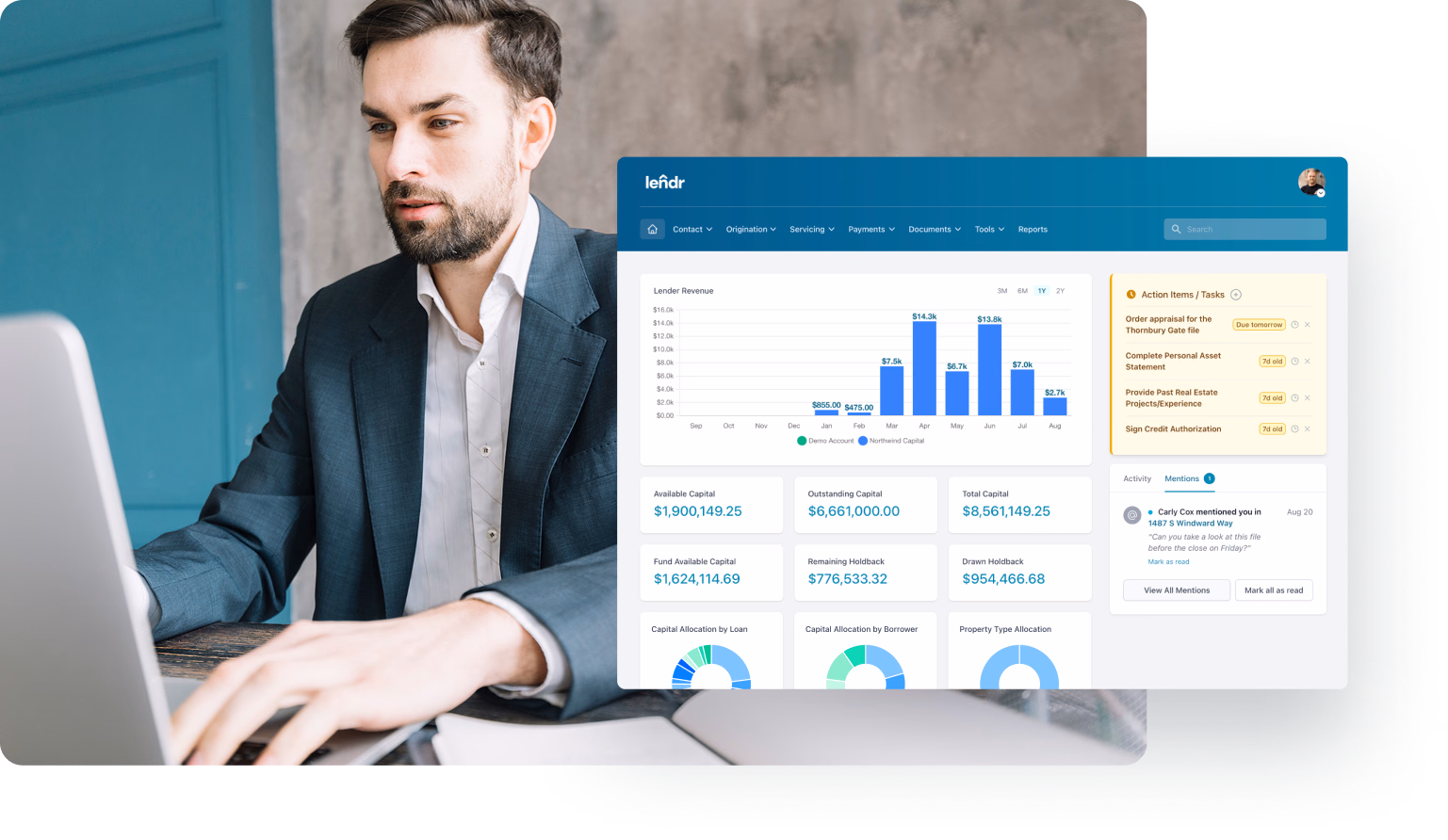A man in a suit works on a laptop displaying a financial dashboard with charts and task lists.