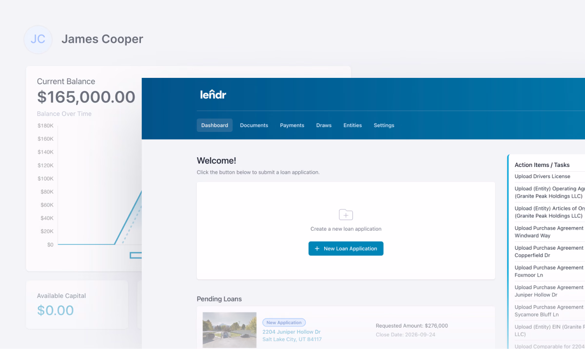 A web portal interface for a loan platform titled Lendr, featuring a user dashboard with current balance, pending loan applications, and a sidebar for action items.