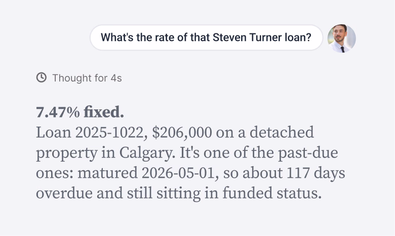 A chat interface showing a query about a loan rate followed by a detailed response stating the 7.47% fixed rate, loan details, and overdue status.
