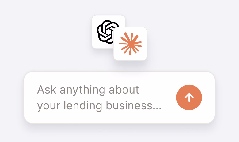A search input field prompting the user to ask about their lending business, with OpenAI and Claude icons displayed above it.