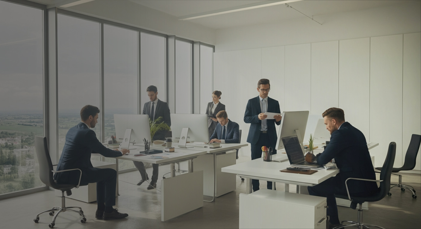 Equipo profesional trabajando en una oficina moderna y luminosa, representando la solidez y experiencia de una administradora de fondos e inversiones personalizada.