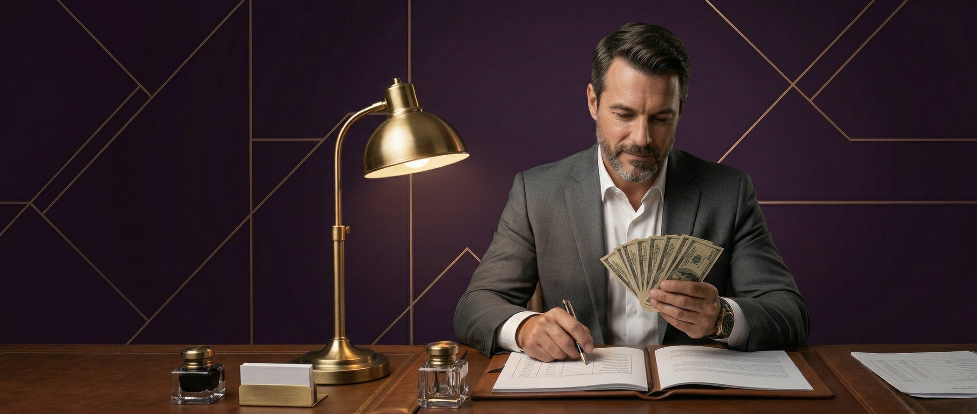 Man in suit sitting at a desk counting hundred-dollar bills while signing a book, with a brass desk lamp and office supplies nearby.