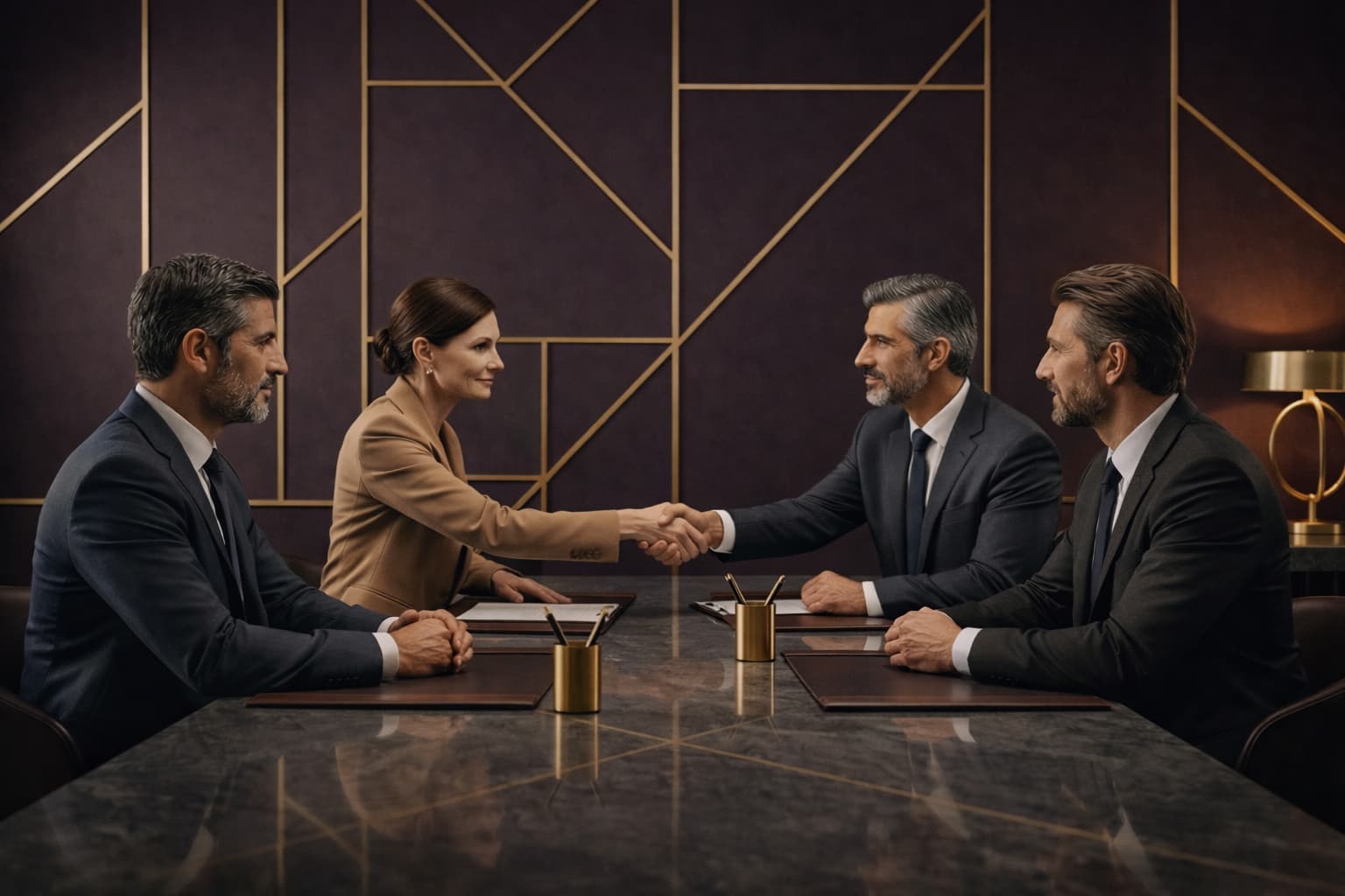 Two men and two women in formal business attire sitting at a table, with one woman and one man shaking hands across the table in a professional setting.