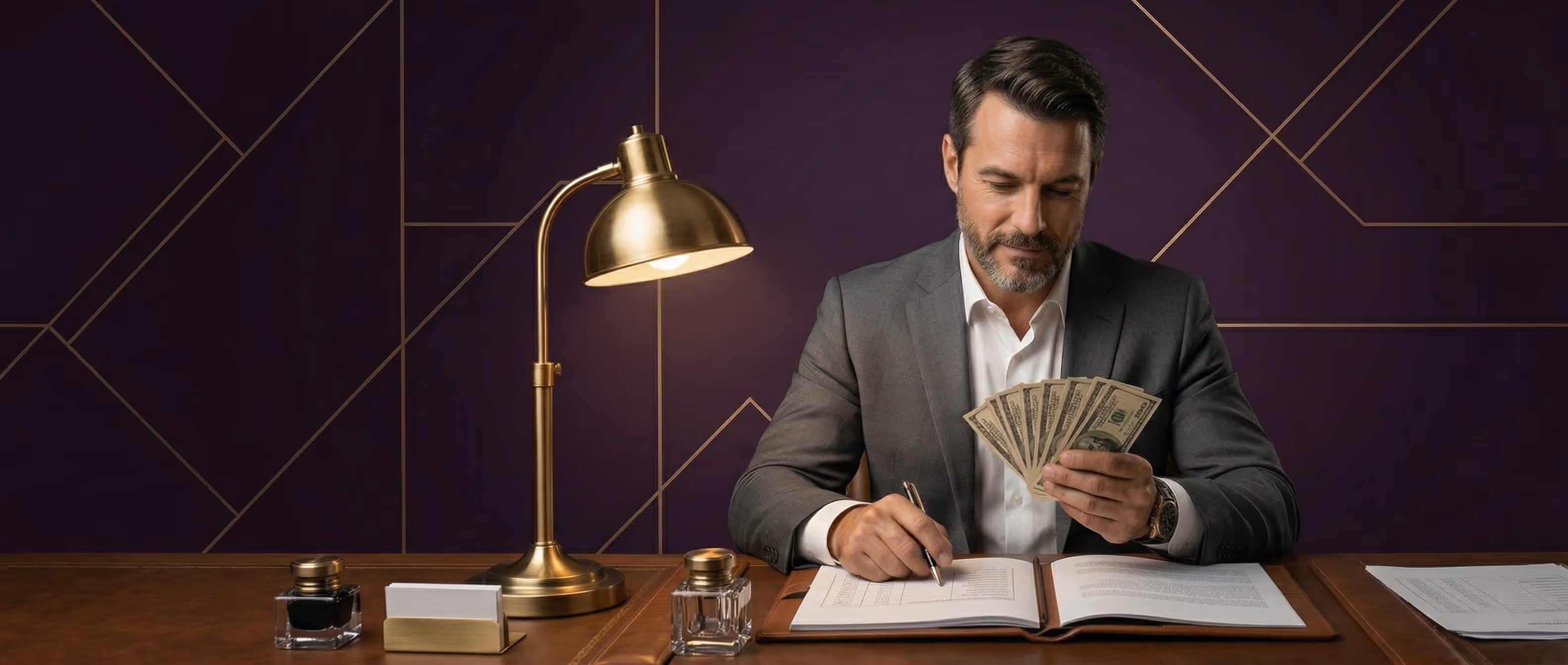 Man in suit sitting at a desk counting hundred-dollar bills while signing a book, with a brass desk lamp and office supplies nearby.