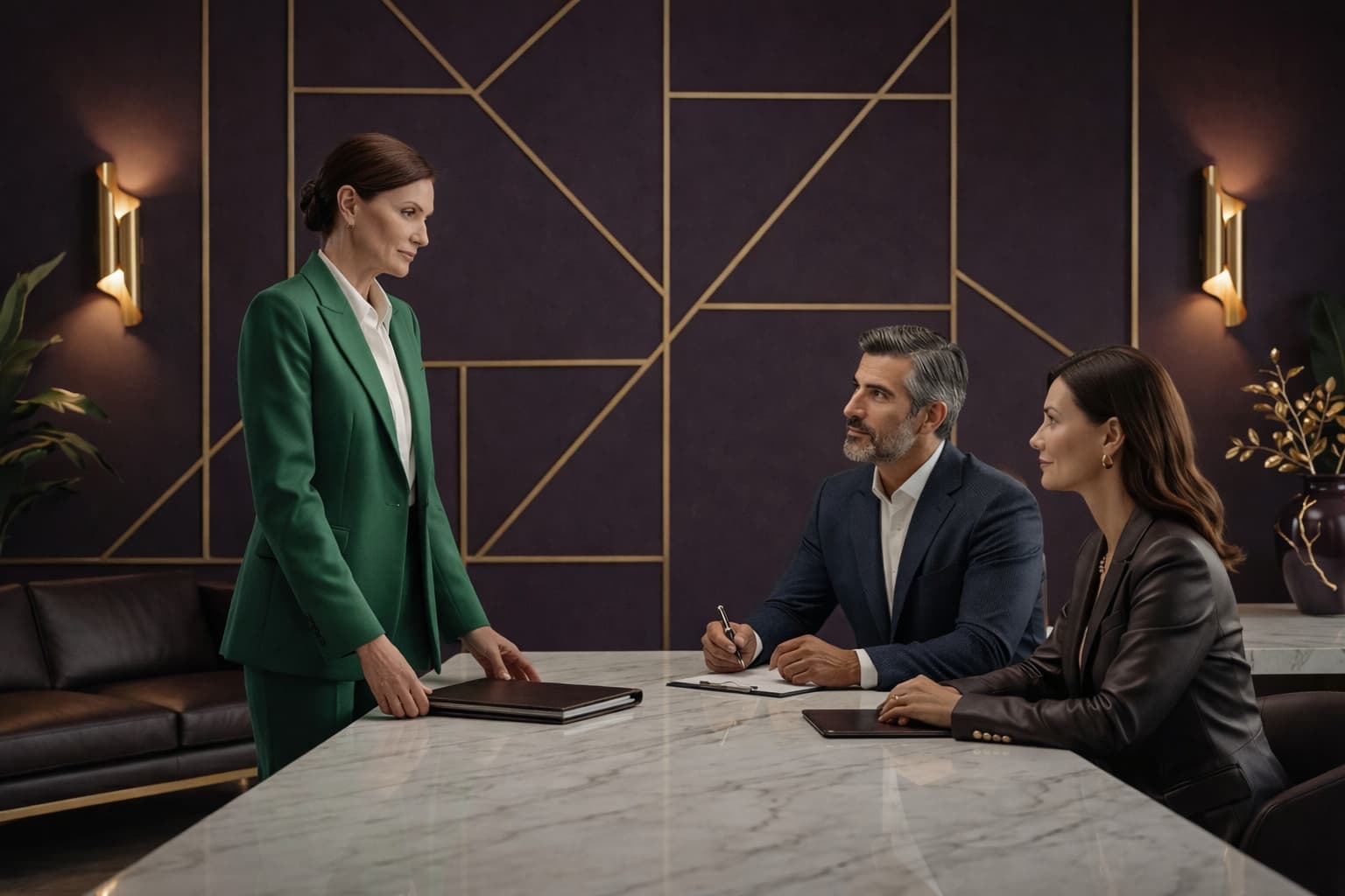 Woman in a green suit standing at a marble table speaking to a seated man and woman in business attire during a meeting.